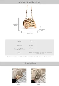 Mini borsa a conchiglia metallica con dimensioni 11cm x 8cm x 3cm nei colori oro e argento