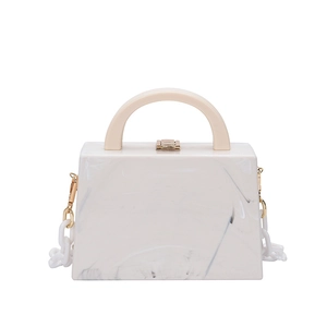 White marble pattern acrylic box clutch bag with thick chain and gold hardware detail