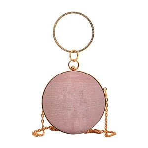 Pochette de soirée sphérique rose pailletée avec poignée anneau strass doré et chaîne