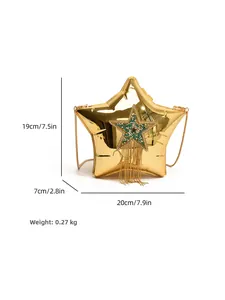 Star-shaped acrylic evening bag with tassels and rhinestones, size 19x20x7cm