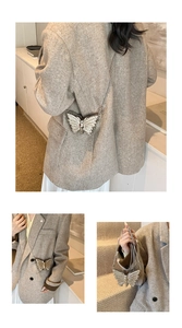 Vue détaillée du mini sac papillon argenté avec strass brillants et bandoulière chaîne