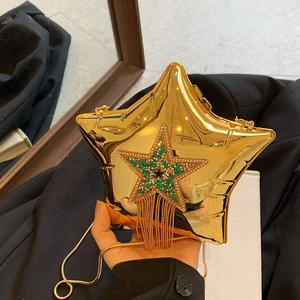 Women Star Shape Evening Bag Rhinestone Tassel Mirror Metal Clutch Fashion Star Crossbody Bag With Chain Strap Party Bag