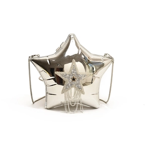 Silver star shaped clutch bag with rhinestone star and metallic fringe tassel chain