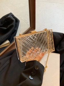 Detail of transparent acrylic box bag with V-shaped texture and gold metal chain strap