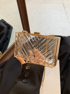 Detailed view of acrylic box bag with V-shaped geometric texture and gold chain strap