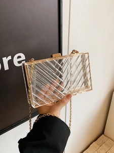 Detail of transparent acrylic clutch bag with gold metal frame and delicate chain strap