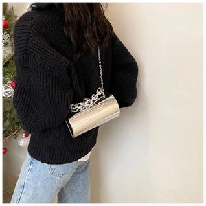 Chic silver acrylic cylinder bag with metallic chain strap shown on model's shoulder
