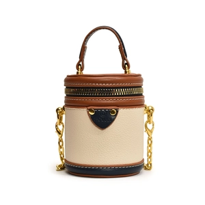 Mini tricolor bucket bag with litchi texture leather and gold chain strap for women