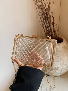 Detail of transparent acrylic box bag with gold metal hardware and chevron texture
