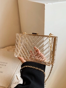 Detail of transparent acrylic box bag featuring gold metal frame and V-shaped textured facets
