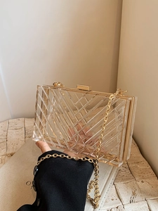 Close-up of a clear acrylic handbag with chevron texture and gold metal frame