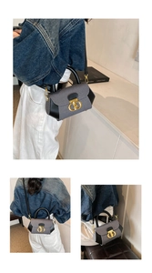 Detailed views of grey herringbone crossbody bag with contrast black trim and gold hardware