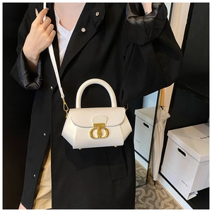 Detail shot of white pebbled leather bag featuring a gold CD metal clasp and handle