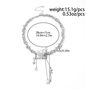 Detailed view of silver bead necklace with baroque pearl and dimensions measurements