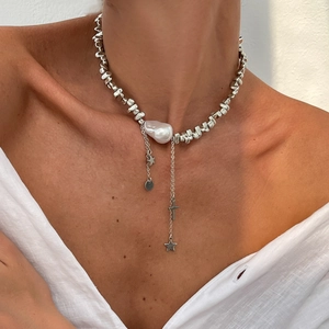 Baroque pearl necklace with silver metallic beads and hanging star and cross charms