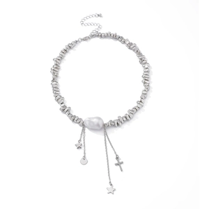 Chic silver CCB beaded necklace featuring a large baroque pearl and multi-layered pendants