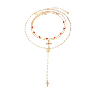 Collier multicouche hip hop avec pendentif croix dorée, pierre rouge et perles