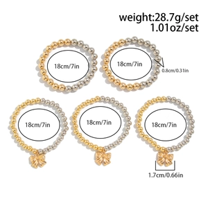 Detailed dimensions of 5-piece bead bracelet set with gold bow charms and 8mm beads