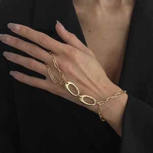 Detail einer goldenen Paperclip-Handkette mit eleganten ovalen Metallgliedern