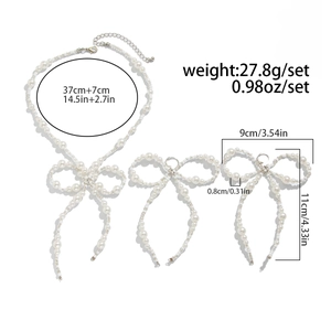 Detailed view of pearl bow necklace set with precise measurements and lobster clasp