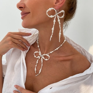 Elegant Bow Faux Artificial Pearl Necklace And Earrings Tassel Rice Bead Jewelry For Women Wedding Party Anniversary Formal Gift