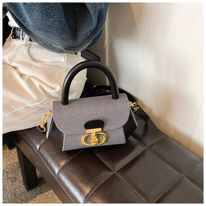 Detail of retro crossbody bag with striped fabric, CD buckle, and black leather top handle
