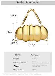 Detailed view of pumpkin acrylic evening bag with pearl handle and chain dimensions