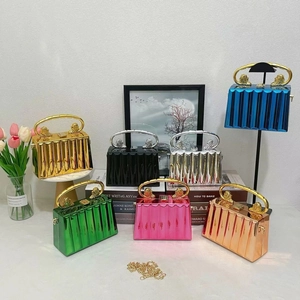 Chic metallic pleated evening clutch bags with lion head handle and chain in seven colors