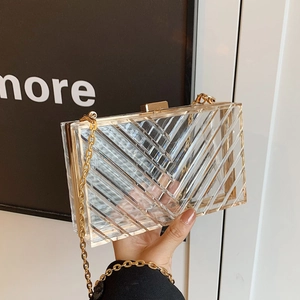 Transparent acrylic box clutch with gold metal frame and herringbone texture