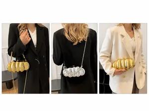 Detailed views of metallic pleated clutch bag with beaded handle and chain strap options