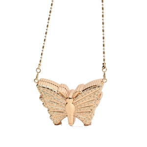 Pochette papillon élégante en or rose avec strass brillants et fine bandoulière chaîne