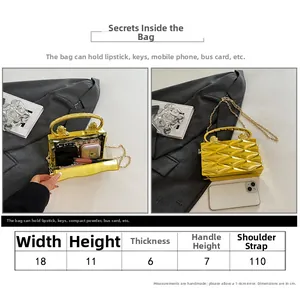 Guide des tailles pour sac boîte en métal doré avec poignée et bandoulière chaîne