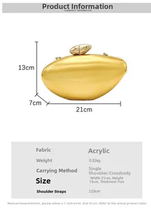 Detail view of gold bean-shaped evening clutch bag with size 21cm x 13cm x 7cm