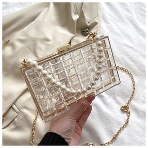 Détail du sac boîte en acrylique transparent avec poignée perle et chaîne dorée