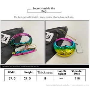 Size chart and capacity detail of crescent evening bag with iridescent moon pattern