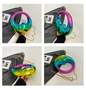 Detailed views of the iridescent crescent moon handbag with shiny metallic gradient finish