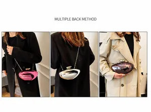 Detailed views of irregular metal mirror clutch bag with fine chain and shiny finish