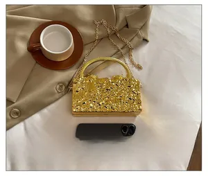 Detailed view of luxury gold acrylic clutch with dragon handle and chain strap