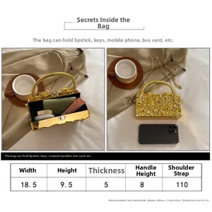 Detailed size chart for the gold acrylic mirror box bag showing dimensions and chain strap