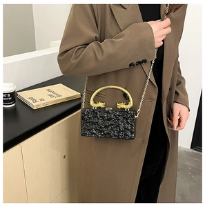 Detail of black acrylic clutch with golden dragon handle and textured surface finish