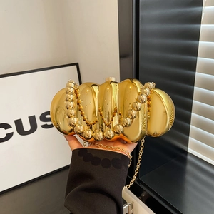 Women Acrylic Evening Clutch Bag Elegant Gold Silver Mirror Metallic Wavy Pumpkin Shape Crossbody Bag With Bead Handle For Party Wedding