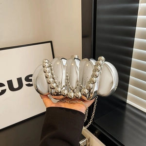 Chic silver mirror pumpkin-shaped acrylic evening bag with beaded handle and metal chain
