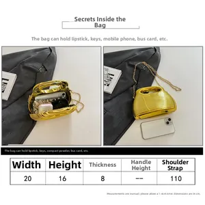 Size chart for glossy gold ripple evening bag showing dimensions 20x16x8cm and strap length