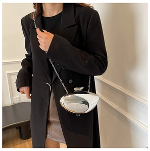 Detailed view of silver mirror shell clutch with metal chain on fashion model