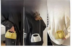 Three-way split view of metal hollow handbag styled as a clutch and crossbody bag