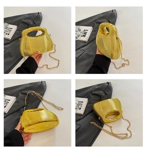 Detailed four-angle view of a golden wave-patterned metal evening clutch with chain strap