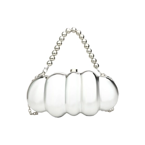 Silver metallic caterpillar evening bag with beaded handle and high-gloss mirror finish