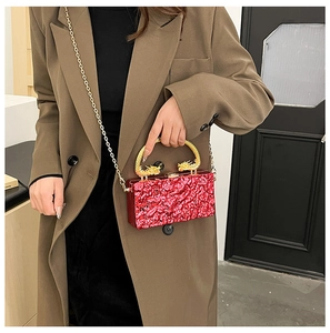 Detailed view of red textured acrylic clutch with golden dragon handle and chain strap