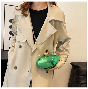 Green pebble-shaped metallic crossbody bag with gold chain and polished mirror finish