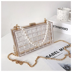 Détail du sac boîte en acrylique transparent avec poignée perle et chaîne dorée